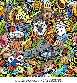 Cartoon doodles Panama seamless pattern. Backdrop with Panamanian culture symbols and items. Colorful background for fabric, greeting cards, wallpaper