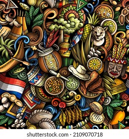 Cartoon doodles Paraguay seamless pattern. Backdrop with Latin American culture symbols and items. Colorful background for print on fabric, textile, greeting cards, scarves, wallpaper
