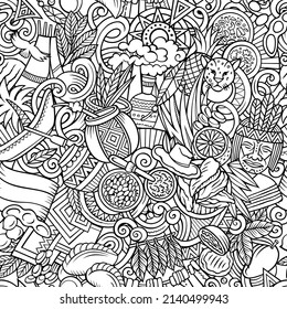 Cartoon doodles Paraguay seamless pattern. Backdrop with Latin American culture symbols and items. Sketchy background for print on fabric, textile, greeting cards, scarves, wallpaper