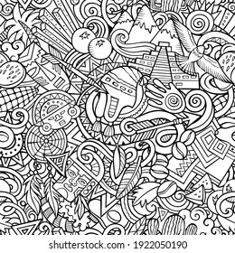 Cartoon doodles Peru seamless pattern. Backdrop with Peruvian culture symbols and items. Sketchy detailed background for print on fabric, textile, greeting cards, phone cases, scarves, wrapping paper