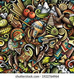 Cartoon doodles Peru seamless pattern. Backdrop with Peruvian culture symbols and items. Colorful detailed background for print on fabric, textile, greeting cards, phone cases, scarves, wrapping paper