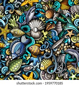 Cartoon doodles Sea Life seamless pattern. Backdrop with underwater symbols and items. Colorful detailed background for print on fabric, textile, phone cases, wrapping paper. All objects separate.