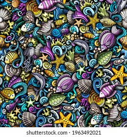 Cartoon doodles Sea Life seamless pattern. Backdrop with underwater symbols and items. Colorful detailed background for print on fabric, textile, phone cases, wrapping paper. All objects separate.