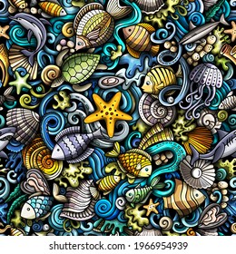 Cartoon doodles Sea Life seamless pattern. Backdrop with underwater symbols and items. Colorful detailed background for print on fabric, textile, phone cases, wrapping paper. All objects separate.