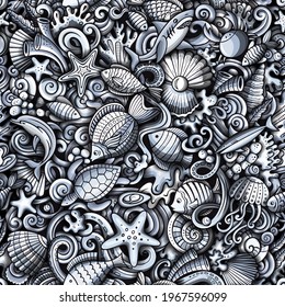 Cartoon doodles Sea Life seamless pattern. Backdrop with underwater symbols and items. Monochrome detailed background for print on fabric, textile, phone cases, wrapping paper. All objects separate.