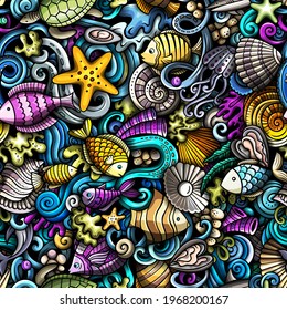 Cartoon doodles Sea Life seamless pattern. Backdrop with underwater symbols and items. Colorful detailed background for print on fabric, textile, phone cases, wrapping paper. All objects separate.