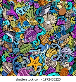 Cartoon doodles Sea Life seamless pattern. Backdrop with underwater symbols and items. Colorful detailed background for print on fabric, textile, phone cases, wrapping paper. All objects separate.