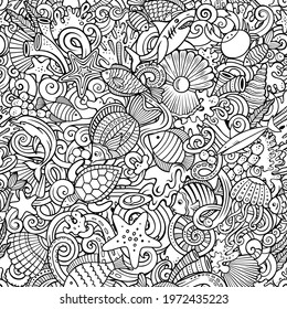 Cartoon doodles Sea Life seamless pattern. Backdrop with underwater symbols and items. Sketchy detailed background for print, coloring books, wrapping paper.