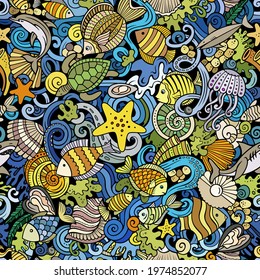 Cartoon doodles Sea Life seamless pattern. Backdrop with underwater symbols and items. Colorful detailed background for print on fabric, textile, phone cases, wrapping paper. All objects separate.