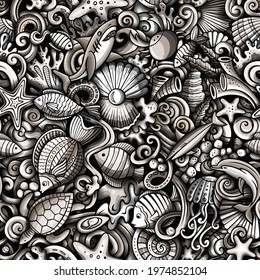 Cartoon doodles Sea Life seamless pattern. Backdrop with underwater symbols and items. Monochrome detailed background for print on fabric, textile, phone cases, wrapping paper. All objects separate.