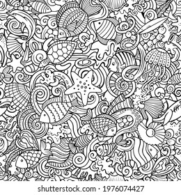 Cartoon doodles Sea Life seamless pattern. Backdrop with underwater symbols and items. Sketchy detailed background for print, coloring books, wrapping paper.