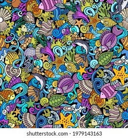 Cartoon doodles Sea Life seamless pattern. Backdrop with underwater symbols and items. Colorful detailed background for print on fabric, textile, phone cases, wrapping paper. All objects separate.