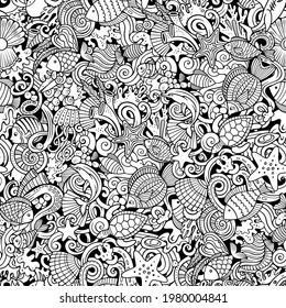 Cartoon doodles Sea Life seamless pattern. Backdrop with underwater symbols and items. Sketchy detailed background for print, coloring books, wrapping paper.