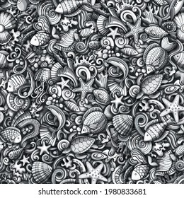 Cartoon doodles Sea Life seamless pattern. Backdrop with underwater symbols and items. Monochrome detailed background for print on fabric, textile, phone cases, wrapping paper. All objects separate.
