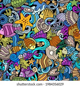 Cartoon doodles Sea Life seamless pattern. Backdrop with underwater symbols and items. Colorful detailed background for print on fabric, textile, phone cases, wrapping paper. All objects separate.