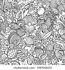 Cartoon doodles Sea Life seamless pattern. Backdrop with underwater symbols and items. Sketchy detailed background for print, coloring books, wrapping paper.