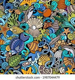 Cartoon doodles Sea Life seamless pattern. Backdrop with underwater symbols and items. Colorful detailed background for print on fabric, textile, phone cases, wrapping paper. All objects separate.