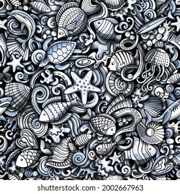 Cartoon doodles Sea Life seamless pattern. Backdrop with underwater symbols and items. Monochrome detailed background for print on fabric, textile, phone cases, wrapping paper. All objects separate.