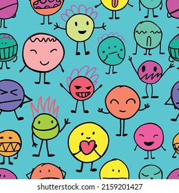 Los dibujos animados muestran un patrón impecable con los emojis. Estilo Doodle. Personajes dibujados a mano por niños. Arte de línea.