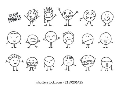 Cartoon Doodles Set With Emoji. Line Vector Little People With Hands And Legs. Kids Hand Drawn Characters.