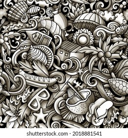 Cartoon doodles Seychelles seamless pattern. Monochrome detailed, with lots of objects background for print on fabric, textile, greeting cards, scarves, wrapping paper