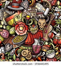 Cartoon doodles Spain seamless pattern. Backdrop with Spanish culture symbols and items. Colorful detailed background for print on fabric, textile, wrapping paper. All objects separate.