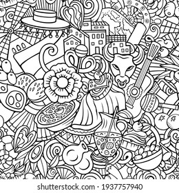 Cartoon doodles Spain seamless pattern. Backdrop with Spanish culture symbols and items. Line art detailed background for print on fabric, textile, wrapping paper. All objects separate.