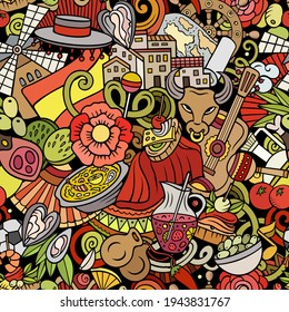 Cartoon doodles Spain seamless pattern. Backdrop with Spanish culture symbols and items. Colorful detailed background for print on fabric, textile, wrapping paper. All objects separate.