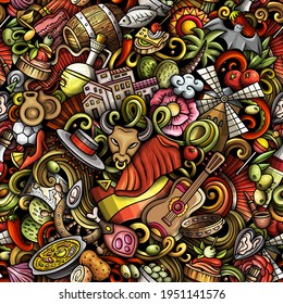 Cartoon doodles Spain seamless pattern. Backdrop with Spanish culture symbols and items. Colorful detailed, with lots of objects background for print on fabric, textile, phone cases, wrapping paper.