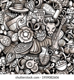 Cartoon doodles Spain seamless pattern. Backdrop with Spanish culture symbols and items. Monochrome detailed, with lots of objects background for print on fabric, textile, phone cases, wrapping paper.