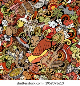 Cartoon doodles Spain seamless pattern. Backdrop with Spanish culture symbols and items. Colorful detailed, with lots of objects background for print on fabric, textile, phone cases, wrapping paper.
