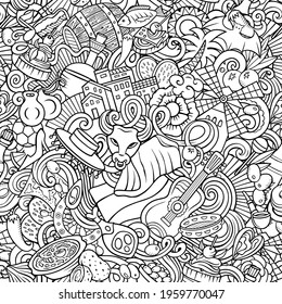 Cartoon doodles Spain seamless pattern. Backdrop with Spanish culture symbols and items. Sketchy detailed, with lots of objects background