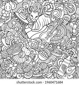 Cartoon doodles Spain seamless pattern. Backdrop with Spanish culture symbols and items. Sketchy detailed, with lots of objects background