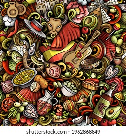 Cartoon doodles Spain seamless pattern. Backdrop with Spanish culture symbols and items. Colorful detailed, with lots of objects background for print on fabric, textile, phone cases, wrapping paper.