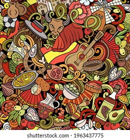 Cartoon doodles Spain seamless pattern. Backdrop with Spanish culture symbols and items. Colorful detailed, with lots of objects background for print on fabric, textile, phone cases, wrapping paper.