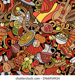Cartoon doodles Spain seamless pattern. Backdrop with Spanish culture symbols and items. Colorful detailed, with lots of objects background for print on fabric, textile, phone cases, wrapping paper.