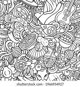 Cartoon doodles Spain seamless pattern. Backdrop with Spanish culture symbols and items. Sketchy detailed, with lots of objects background