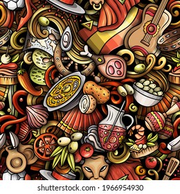 Cartoon doodles Spain seamless pattern. Backdrop with Spanish culture symbols and items. Colorful detailed, with lots of objects background for print on fabric, textile, phone cases, wrapping paper.