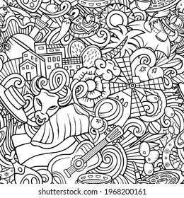 Cartoon doodles Spain seamless pattern. Backdrop with Spanish culture symbols and items. Sketchy detailed, with lots of objects background