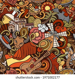 Cartoon doodles Spain seamless pattern. Backdrop with Spanish culture symbols and items. Colorful detailed, with lots of objects background for print on fabric, textile, phone cases, wrapping paper.