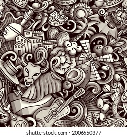 Cartoon doodles Spain seamless pattern. Backdrop with Spanish culture symbols and items. Monochrome detailed, with lots of objects background for print on fabric, textile, phone cases, wrapping paper.