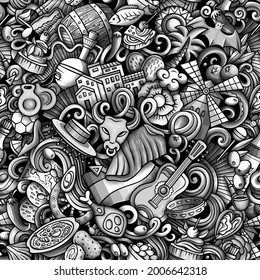 Cartoon doodles Spain seamless pattern. Backdrop with Spanish culture symbols and items. Monochrome detailed, with lots of objects background for print on fabric, textile, phone cases, wrapping paper.