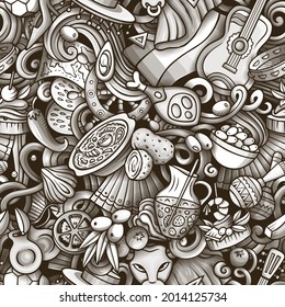 Cartoon doodles Spain seamless pattern. Backdrop with Spanish culture symbols and items. Monochrome detailed, with lots of objects background for print on fabric, textile, phone cases, wrapping paper.