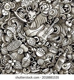 Cartoon doodles Spain seamless pattern. Backdrop with Spanish culture symbols and items. Monochrome detailed, with lots of objects background for print on fabric, textile, phone cases