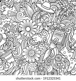 Doodles de dibujos animados Patrón sin fisuras. Fondo con símbolos y objetos de temporada. Esbozar el fondo detallado para imprimir sobre tela, textil, tarjetas de felicitación, papel de envoltura. Todos los objetos se separan.