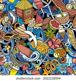 Cartoon doodles Summer Beach seamless pattern. Backdrop with summertime symbols and items. Colorful detailed background for print on fabric, textile, phone cases, wrapping paper.