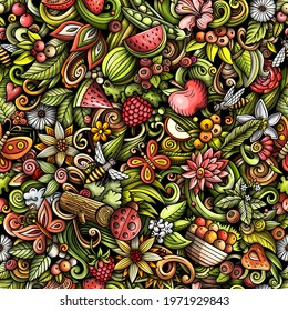 Cartoon doodles Summer nature seamless pattern. Backdrop with Summertime symbols and items. Colorful detailed background for print on fabric, textile, phone cases, wrapping paper.