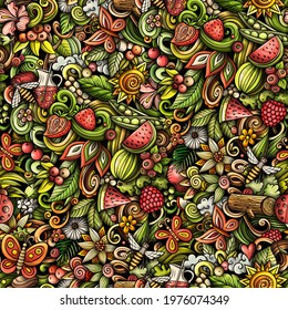 Cartoon doodles Summer nature seamless pattern. Backdrop with Summertime symbols and items. Colorful detailed background for print on fabric, textile, phone cases, wrapping paper.