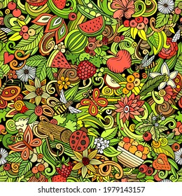 Cartoon doodles Summer nature seamless pattern. Backdrop with Summertime symbols and items. Colorful detailed background for print on fabric, textile, phone cases, wrapping paper.