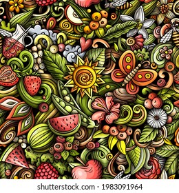 Cartoon doodles Summer nature seamless pattern. Backdrop with Summertime symbols and items. Colorful detailed background for print on fabric, textile, phone cases, wrapping paper.
